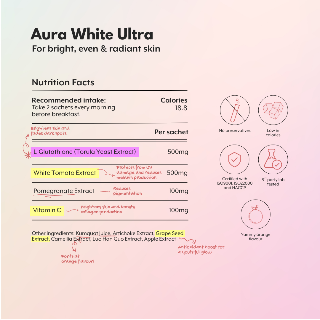 Aura White Ultra - Best Skin Whitening Supplement Singapore | L-Glutat Aura White Ultra - Best Skin Whitening Supplement Singapore | L-Glutat